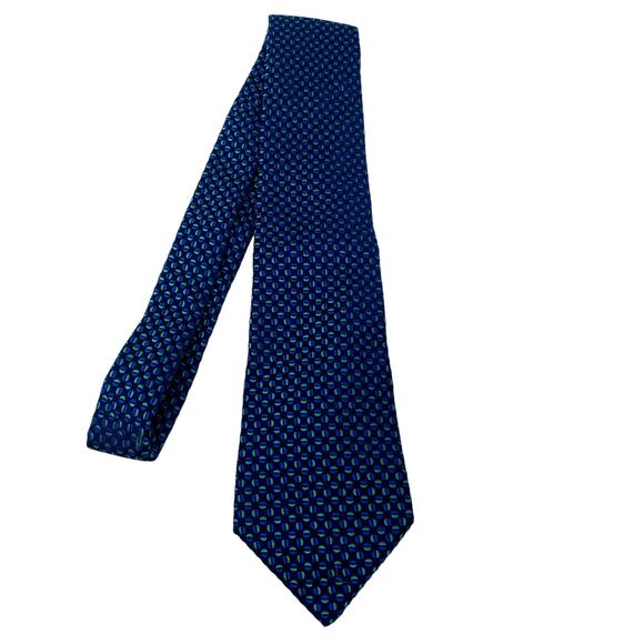 Turnbull & Asser Geo Print 100% Silk Tie Suit Formal Blue Green - Picture 1 of 3